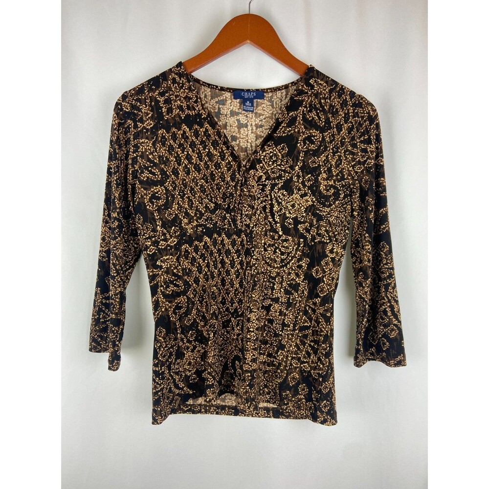 Chaps Women's M Brown Blouse Geometric Pattern Stretch 3/4 Sleeve Y2K Casual